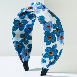 Bandeau à nœud avec motif de marguerites bleues sur tissu blanc pour femmes