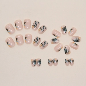 Short square natural plant nail set with bamboo ink patterns on nude pink base 24pcs