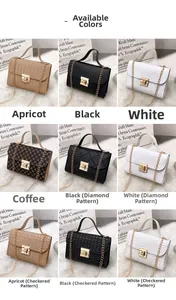 Detail view of small square crossbody bags with multiple textures and metallic lock closures