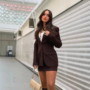 Women's dark brown single-breasted blazer and mini skirt set with a sharp waist design