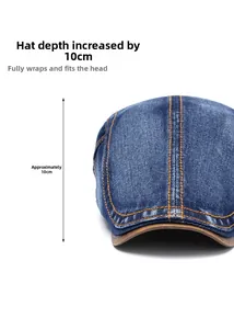 Detail of blue denim cap with 10cm depth design and contrasting orange stitching