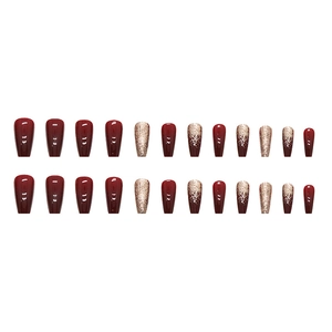 Faux ongles bordeaux et paillettes dorées mi-longs forme carrée-ovale lot de 24