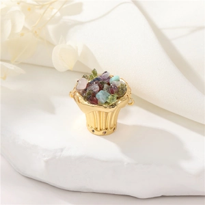 Exquisite 14K gold plated pendant with multi-color natural crushed stones in basket design