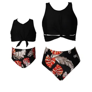 Matching Family Swimsuit Mother Daughter Bikini High Waisted Tropical Leaf Print Knot Vest Top Nylon