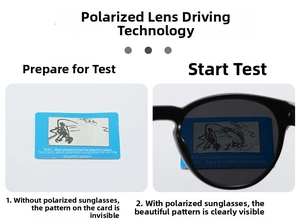 Polarized sunglasses test showing clear fish pattern through lens with black frames
