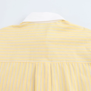 Detail view of the yellow striped shirt back yoke and white collar texture
