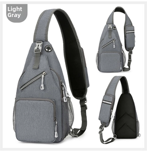 Three views of a light grey multifunctional crossbody chest bag with breathable mesh back