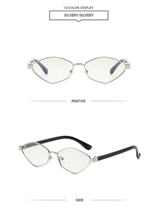 Front and side views of vintage irregular silver sunglasses with black temples