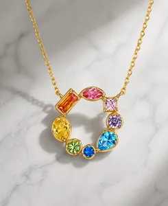 Detailed close-up of S925 sterling silver ring pendant with multi-color rainbow zircons