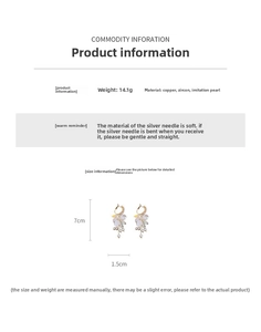 Detailed specs of floral tassel earrings with cubic zirconia and pearls, 14.1g 7cm x 1.5cm