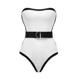 Elegant black and white contrast one-piece swimsuit with gold buckle waist belt