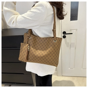 Brown tote bag and matching pouch with clover pattern on PU leather for women