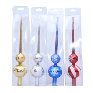 Set of four shiny Christmas tree toppers in gold, silver, blue and red with snowflake patterns