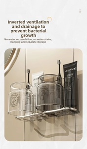 Wall-mounted bathroom organizer with two translucent grey cups for drainage and storage