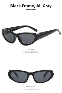 Front and side view of Y2K sporty sunglasses with black thick frames and grey lenses