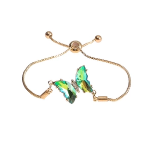 Adjustable golden box chain bracelet featuring a green crystal butterfly with zircon inlay