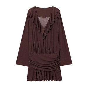 Women V Neck Long Sleeve Mini Dress Ruffled Ruched Elastic Waist Polyester Elegant Casual Fashion Plain Color