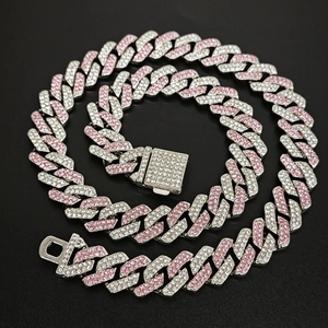 Iced out 14mm silver and pink cuban chain necklace with rhinestone box clasp closure
