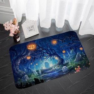Halloween pumpkin lantern doormat on dark wood floor with spooky blue forest design