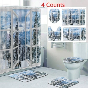 Christmas Bathroom Decor Waterproof Polyester Shower Curtain Flannel Rug Toilet Lid Cover Santa Snowman Red Truck