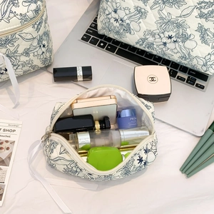 Detailed macro view of blue floral quilted makeup bags with spacious internal capacity