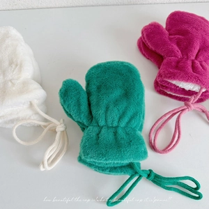 Soft faux rabbit fur mittens for children in white, green, and pink with neck string