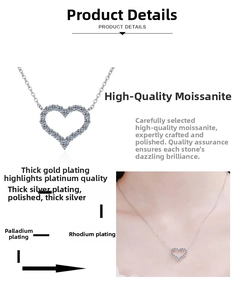 Detailed view of S925 sterling silver heart necklace with moissanite and rhodium plating