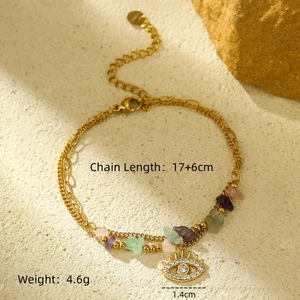 Double-layer gold chain bracelet with natural stones and evil eye charm, 17+6cm length