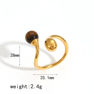 Detail view of gold stainless steel ring with brown tiger eye stone and dimensions 28x25.1mm