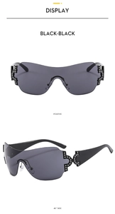 Y2K rimless oversized sunglasses with crystal accents in black-black finish