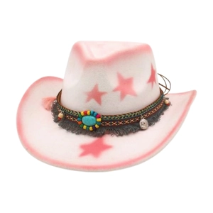 Chapeau de cowboy en feutre rose avec étoile, perles turquoise et bordures à franges
