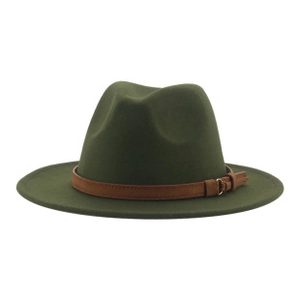 Detail of dark green wool fedora hat featuring a brown leather band and metallic buckle