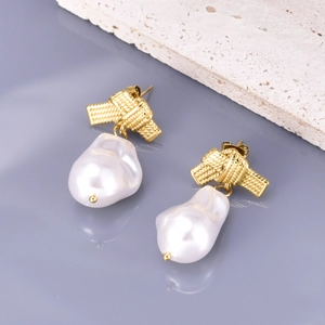 Elegant gold woven texture drop earrings with irregular baroque pearls for women