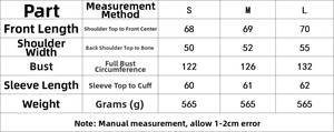 Size chart for women's standing collar padded jacket showing S, M, L measurements in CM