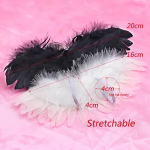 Black and white feather wings for cotton dolls with elastic straps in 20cm and 16cm sizes