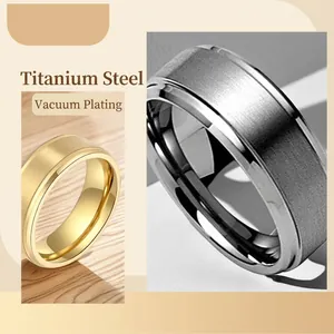 Men's titanium steel rings with vacuum plating and brushed texture in gold and black