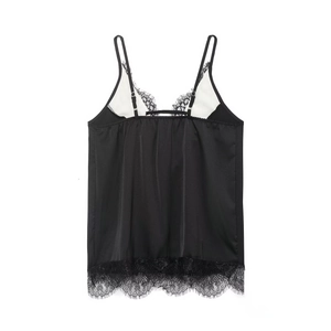 Top caraco élégant en satin noir avec bordure en dentelle et fines bretelles réglables