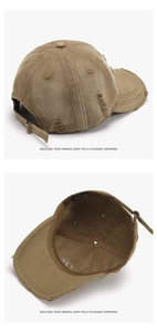 Detailed macro view of distressed khaki baseball cap with 100% cotton label and metal buckle