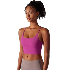 High-impact magenta sports bra with thin straps and U-neck for fitness training