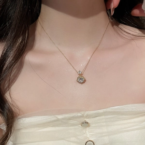Detail of 14k gold plated necklace with sparkling zircon rose pendant on model neckline