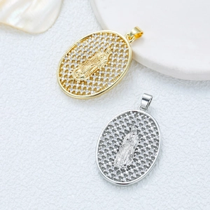 Luxurious gold and silver oval medallion pendants with Virgin Mary and zircon inlay
