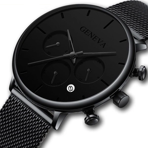 Close-up of black Geneva men's watch featuring a Milanese mesh band and calendar date dial