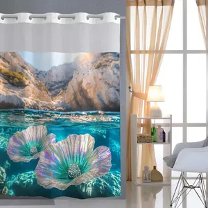 Detail of waffle ocean shower curtain with metal grommets and iridescent flower print