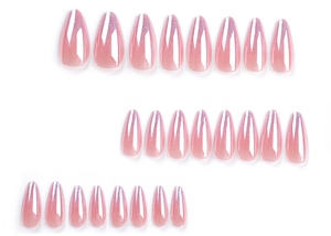 Détail de 24 faux ongles amande nude dégradé laser avec effet holographique