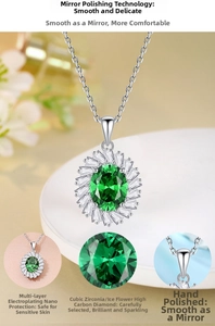 Detailed close-up of emerald green pendant with baguette diamond halo and silver chain