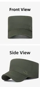 Detail view of army green cotton cadet cap showing FS FASHION side embroidery and texture