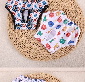 Flat lay of colorful monster and blue geometric print dog physical pants on a woven mat