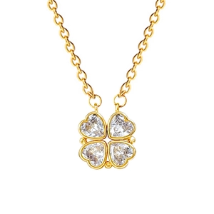 Gold stainless steel necklace with crystal hearts clover pendant on white background