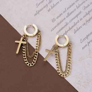 Gold titanium steel hoop earrings with cross pendant and double chain detail for women