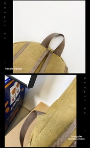 Detail of yellow canvas backpack showing reinforced triangle stitching and top handle